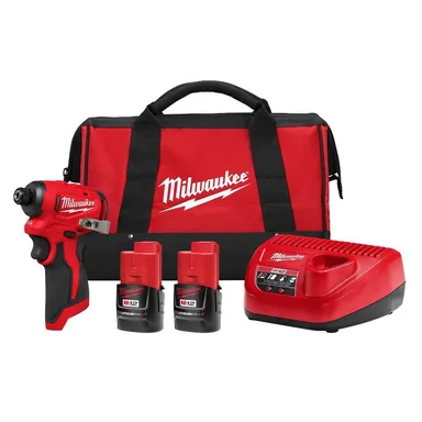 Milwaukee 3450-22, kit: M12 12-Volt Lithium-Ion Compact Brushless Cordless 1/4 in. Impact Driver Kit w (2) 2.0 Ah Batteries, Charger & Tool Bag (photograph from the Home Depot listing)