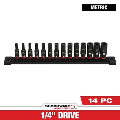 Milwaukee 49-66-7003, accessory: SHOCKWAVE 1/4 in. Drive Metric Deep Well 6 Point Impact Socket Set (14-Piece)