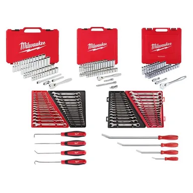 Milwaukee 48-22-9004-48-22-9008-48-22-9515-48-22-9, unclassified: 1/4 in., 3/8 in., and 1/2 in. Drive SAE/Metric Ratchet and Socket Set w/Combination Wrench and Pry Bar Set (221-Piece)