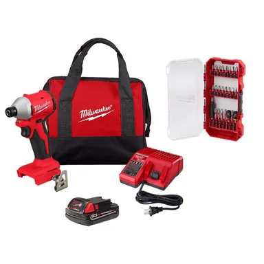 Milwaukee 3650-21P-48-32-4095, bundle: M18 18V Lith-Ion Compact Brushless Cordless Impact Driver Kit with One 2.0 Ah Battery, Charger & Bit Set (25-Piece)