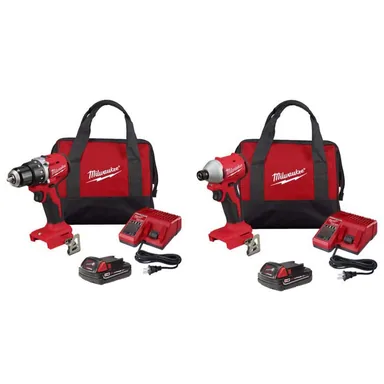 Milwaukee 3601-21P-3650-21P, bundle: M18 18V Lithium Ion Brushless Cordless 1/2 in Compact Drill & Impact Driver w/(2) 2.0 Ah Batteries, Charger, Tool Bag