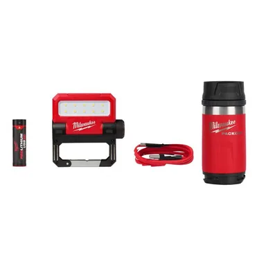Milwaukee 2114-21-48-22-8391R, bundle: 550 Lumens LED REDLITHIUM USB Pivoting Flood Light with PACKOUT Red 12 oz. Insulated Bottle with Sip Lid