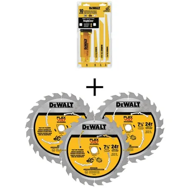 DeWalt DW4898WFV37243, accessory: Bi-Metal Reciprocating Saw Blade Set with Case (10-Piece) w/ 7-1/4 in. 24-Teeth Carbide-Tipped Circular Saw Blade (3-Pk)