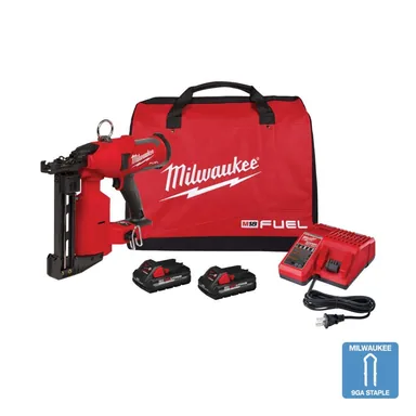 Milwaukee 2843-22, kit: M18 FUEL 18-Volt Lithium-Ion Brushless Cordless Utility Fencing Stapler Nailer Kit w/Two 3.0Ah Batteries, Charger & Bag