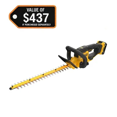 DeWalt DCHT821P1, kit: 20V MAX 22 in. Cordless Battery Powered Hedge Trimmer Kit with (1) 5.0 Ah Battery and Charger (photograph from the Home Depot listing)