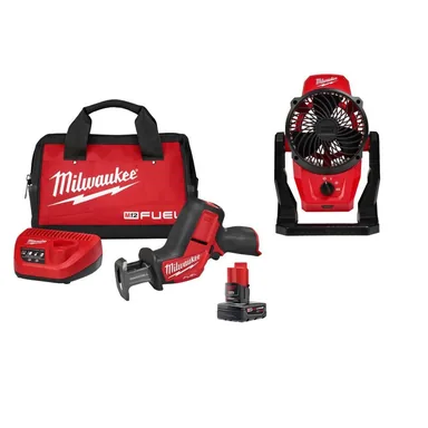 Milwaukee 2520-21XC-0820-20, bundle: M12 FUEL 12V Lithium-Ion Brushless Cordless HACKZALL Reciprocating Saw Kit w/ One 4.0Ah Batteries Charger, Tool Bag,&Fan