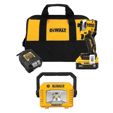 DeWalt DCF850P1WCL077B, bundle: ATOMIC 20V MAX Lithium-Ion Cordless 1/4 in. Brushless Impact Driver Kit and Compact Task Light with 5Ah Battery