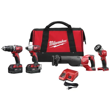 Milwaukee 2696-24, kit: M18 18V Lithium-Ion Cordless Combo Tool Kit with Two 3.0Ah Batteries, 1-Charger, 1-Tool Bag (4-Tool)