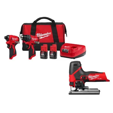 Milwaukee 3494-22-2545-20, bundle: M12 12-Volt Lithium-Ion Brushless Cordless Subcompact Drill and Impact Driver Combo Kit with Jig Saw (3-Tool)