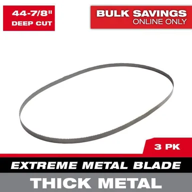 Milwaukee 48-39-0601, accessory: 44-7/8 in. 8/10 TPI Metal Deep Cut Extreme High Speed Steel Band Saw Blade (3-Pack) For M18 FUEL/Corded (photograph from the Home Depot listing)