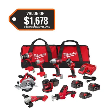 Milwaukee 3692-28S, kit: M18 18V Lithium-Ion Cordless Combo Kit (8-Tool) with (3) Batteries, Charger and Tool Bag