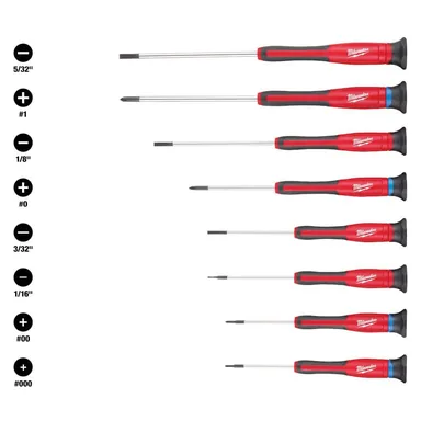 Milwaukee 48-22-2614, unpowered: Precision Phillips-Slotted Screwdriver Set (8-Piece) (photograph from the Home Depot listing)