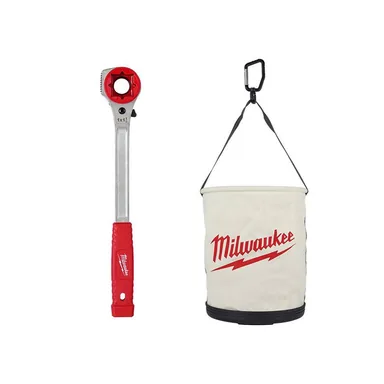 Milwaukee 48-22-9213M-48-22-8271, bundle: Lineman's High Leverage Ratcheting Wrench with Milled Strike Face and 12 in. Canvas Utility Bucket Tool Bag