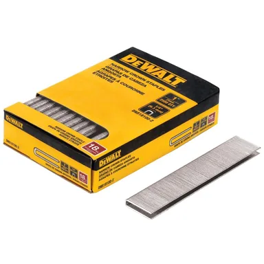 DeWalt DNS18100-2, accessory: 1/4 in. x 1 in. 18-Gauge Glue Collated Crown Staple (2500 Pieces) (photograph from the Home Depot listing)
