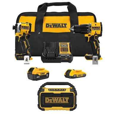 DeWalt DCK200D1P1WR010, bundle: ATOMIC 20V Lithium-Ion Cordless 2-Tool Combo Kit and Cordless Bluetooth Speaker with 5 Ah and 2 Ah Batteries and Charger