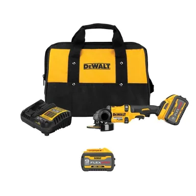 DeWalt DCG418MX1W609, bundle: FLEXVOLT 60V MAX Lithium-Ion Brushless Cordless 4-1/2 in.-6 in. Grinder Kit with (2) 9 Ah Batteries, Charger & Kitbag