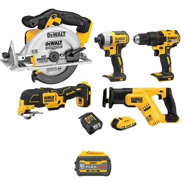 DeWalt DCK540D1WDCB606, bundle: 20V MAX Lithium-Ion Cordless Combo Kit (5-Tool) with FLEXVOLT 20-Volt/60V MAX 6.0Ah Battery, 2.0 Ah Battery and Charger