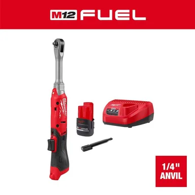 Milwaukee 3058-21, kit: M12 FUEL 12V Lithium Ion Brushless 1/4 in. Drive Extended Reach Cordless Ratchet Kit (photograph from the Home Depot listing)
