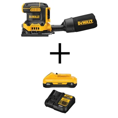 DeWalt DCW200BW240C, bundle: 20V MAX XR Cordless Brushless 1/4 Sheet Variable Speed Sander, (1) 20V 4.0Ah Battery, and 12V - 20V Charger