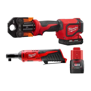 Milwaukee 2674-22C-2457-20-48-11-2420, bundle: M18 18V Lithium-Ion 1/2 in.-1 in. Short Throw Press Tool Kit with 3 PEX Crimp Jaws & M12 12V 3/8 in. Ratchet & Battery