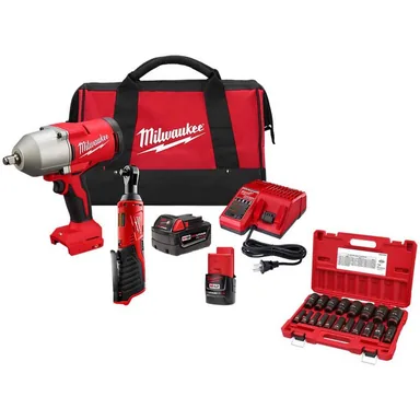 Milwaukee 2666-22RH-49-66-7012, bundle: M12/M18 12/18V Lithium-Ion Cordless 3/8 in. Ratchet & 1/2 in. Impact Wrench Combo Kit w/Socket Set (19-Piece)