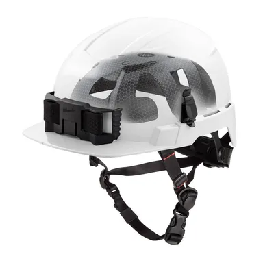 Milwaukee 48-73-1365, accessory: BOLT White Type 2 Class E Front Brim Non-Vented Safety Helmet with IMPACT-ARMOR Liner (photograph from the Home Depot listing)