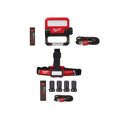 Milwaukee 2114-21-2115-21, bundle: 550 Lumens LED REDLITHIUM USB Pivoting Flood Light & 600 Lumens LED USB Low-Profile Hard Hat Headlamp (2-Pack)