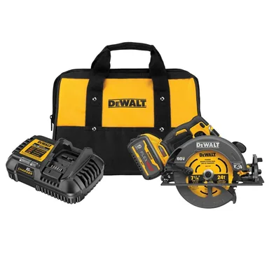 DeWalt DCS578X1, kit: FLEXVOLT 60V MAX Cordless Brushless 7-1/4 in. Sidewinder Style Circular Saw with Brake with (1) FLEXVOLT 9.0Ah Battery (photograph from the Home Depot listing)