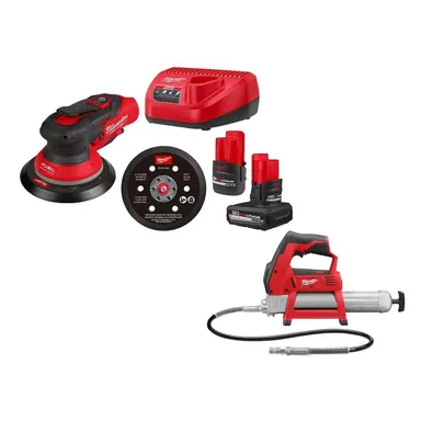 Milwaukee 2584-22CX-2446-20, bundle: M12 FUEL 12-Volt Li-Ion Brushless Cordless 6 in. Random Orbital Sander Kit (3/16 in) w M12 Batteries & M12 Grease Gun