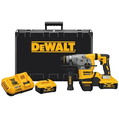 DeWalt DCH293R2, kit: 20V MAX XR Cordless Brushless 1-1/8 in. SDS Plus L-Shape Rotary Hammer, (2) 20V 6.0Ah Batteries and Charger (photograph from the Home Depot listing)