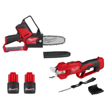 Milwaukee 2527-20-2534-20-48-11-2425-48-11-2425, bundle: M12 FUEL 6 in. 12V Lithium-Ion Brushless Electric Cordless Battery Pruning Saw HATCHET w/Pruner Shears, (2) Batteries