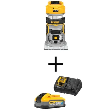 DeWalt DCW600BWCBP520C, bundle: 20-Volt MAX XR Lithium-Ion Cordless Brushless Fixed Base Compact Router with Powerstack 5.0 Ah Battery and Charger