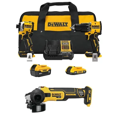 DeWalt DCK200D1P1W405B, bundle: ATOMIC 20-Volt Lithium-Ion Cordless 2-Tool Combo Kit, 4.5 in. Small Angle Grinder w/ 5 Ah and 2 Ah Batteries Charger