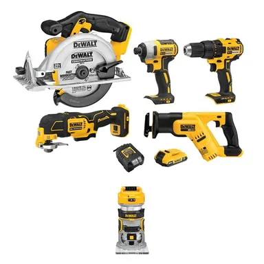 DeWalt DCK540D1WCW600B, bundle: 20V MAX Lithium-Ion Cordless Combo Kit (5-Tool) and 20V MAX XR Brushless Compact Router with 2.0 Ah Battery and Charger