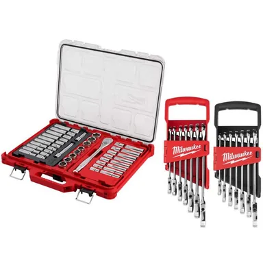 Milwaukee 48-22-9487-48-22-9429-48-22-9529, bundle: 1/2 in. Drive SAE/Metric Ratchet & Socket Tool Set w/ Flex-Head Ratcheting Combination Wrench Set SAE/METRIC (61-Piece)