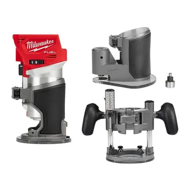 Milwaukee 2723-20-48-10-5602-48-10-5601, bundle: M18 FUEL 18V Lithium-Ion Brushless Cordless Compact Router w/ Compact Router Offset Base & Router Plunge Base