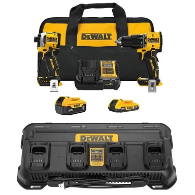 DeWalt DCK200D1P1W1404, bundle: ATOMIC 20V MAX Lithium-Ion Cordless 2-Tool Combo Kit and 4-Port Charger with 5Ah and2 Ah Batteries, Charger and Kit Bag