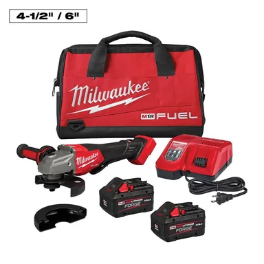 Milwaukee 3670-22, kit: M18 FUEL 18-Volt Lithium-Ion Brushless Cordless 4-1/2 in./6 in. Braking Grinder w/Paddle Switch & Two XC 8.0 Ah Battery (photograph from the Home Depot listing)
