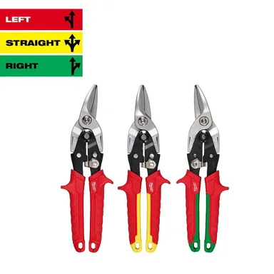 Milwaukee 48-22-4563, unpowered: Left, Right, and Straight Aviation Snips Set (3-Pack) (photograph from the Home Depot listing)