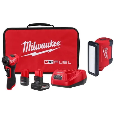 Milwaukee 3485-22-2367-20, bundle: M12 FUEL 12V LithiumIon Brushless Cordless 1/4 in. Right Angle Die Grinder with M12 ROVER Service and Repair Flood Light