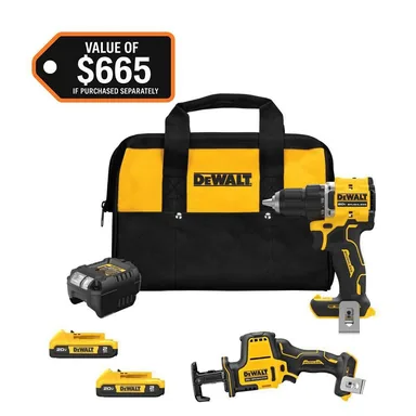 DeWalt DCK208D2, bundle: ATOMIC 20V MAX Lithium-Ion Cordless 2-Tool Combo Kit with 2-Batteries, Charger and Bag