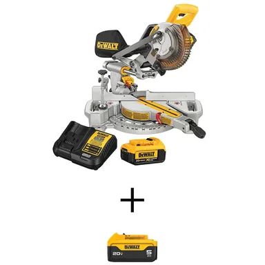 DeWalt DCS361M1W205, bundle: 20V MAX Lithium-Ion Cordless 7-1/4 in. Miter Saw and (1) 20V MAX Premium Lithium-Ion 5.0Ah Battery