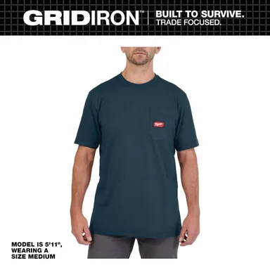 Milwaukee 605BL-XL, unpowered: Men's X-Large Blue GRIDIRON Cotton/Polyester Short-Sleeve Pocket T-Shirt (photograph from the Home Depot listing)