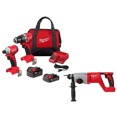 Milwaukee 3693-22CX-2613-20, bundle: M18 18-Volt Lith-Ion Brushless Cordless Compact Hammer Drill/Impact Combo Kit w/(2) Batteries & M18 Rotary Hammer