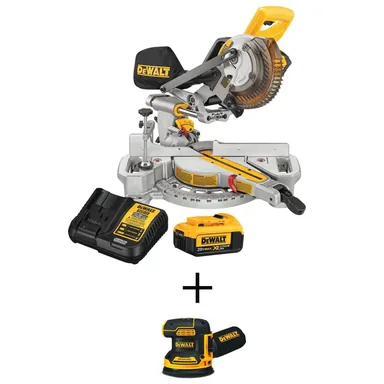 DeWalt DCS361M1W210, bundle: 20V MAX Cordless 7-1/4 in. Sliding Miter Saw, 20V Brushless 5 in. Random Orbital Sander, and (1) 20V 4.0Ah Battery