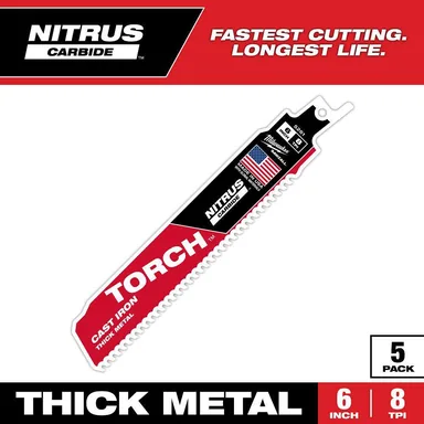 Milwaukee 48-00-5561, accessory: 6 in. 8 TPI TORCH Nitrus Carbide Teeth Metal Cutting SAWZALL Reciprocating Saw Blade (5-Pack)