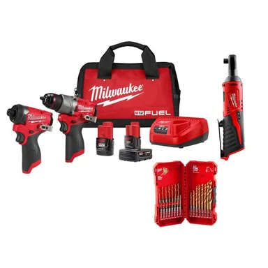 Milwaukee 3497-22-2457-20-48-89-4631, bundle: M12 FUEL 12V Cordless Hammer Drill/Impact Kit + M12 3/8 in. Ratchet + SHOCKWAVE 23-Pc Titanium Set Combo Kit