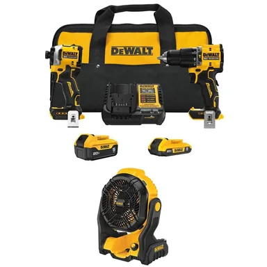 DeWalt DCK200D1P1W512B, bundle: ATOMIC 20V Lithium-Ion Cordless 2-Tool Combo Kit and 20V MAX Jobsite Fan with 5.0 Ah and 2.0 Ah Batteries and Charger