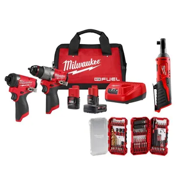 Milwaukee 3497-22-2457-20-48-32-4098, bundle: M12 FUEL 12V Hammer Drill/Impact 2-Tool Kit  Batteries, Bag with M12 3/8 in. Ratchet with 75-Pc  Bit Set