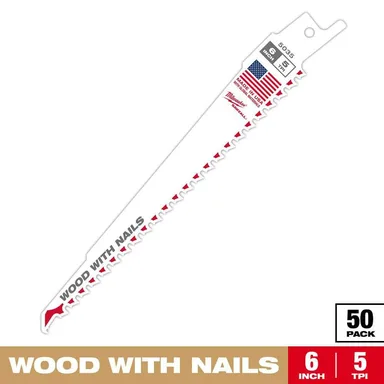 Milwaukee 48-01-6035, accessory: 6 in. 5 TPI Thin Kerf Wood Cutting SAWZALL Reciprocating Saw Blades (50-Pack)